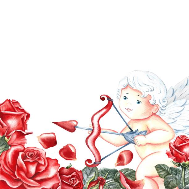 ilustrações de stock, clip art, desenhos animados e ícones de a banner frame with red roses and a cupid with a bow. hand-drawn watercolor illustration. a greeting card for lovers, for valentine's day and wedding. also suitable for packaging, posters and flyers. - gift box packaging drawing illustration and painting