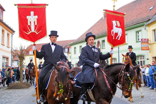 The Easter Riders of Upper Lusatia announce the news of Jesus resurrection in Wittichenau. This announcement parade happens every year - Germany. Religious procession of riders on horses