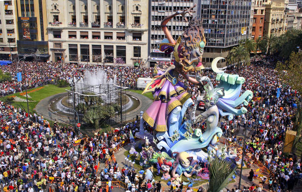 las fallas, papermache models are displayed during traditional celebration in praise of st joseph on march 19, in valencia, spain. celebration happens every year. - year 2007 imagens e fotografias de stock