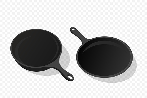 Vector Flat Black Frying Pan Icon Set Isolated. Front, Top View.