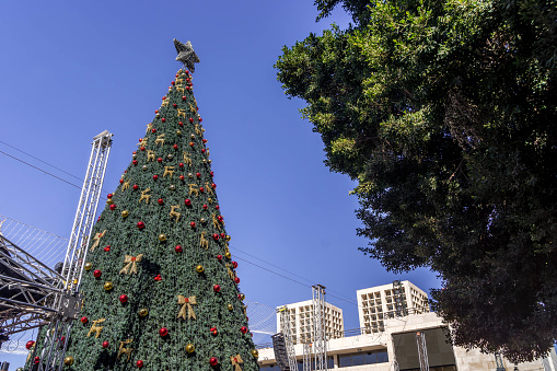 The Christmas tree on the major plaza in the downtown of Bethlehem City, West Bank, Palestine.