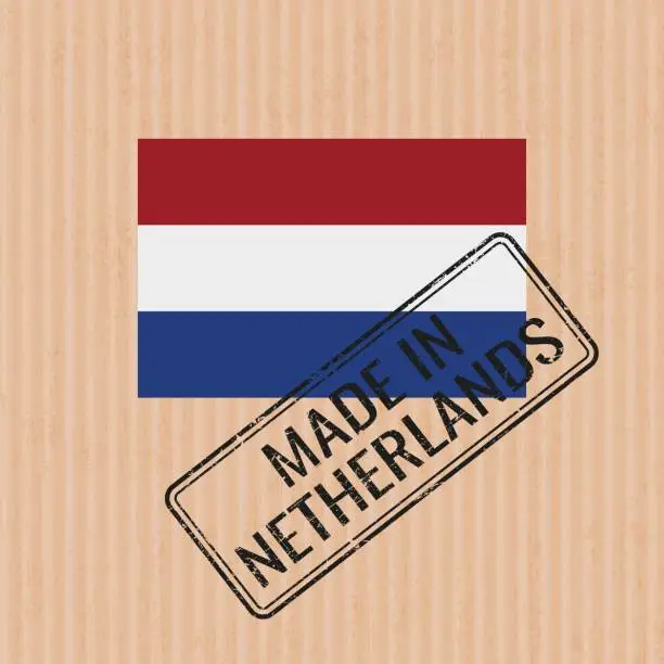 Vector illustration of Made in Netherlands badge vector. Sticker with Netherlands national flag. Ink stamp isolated on paper background.