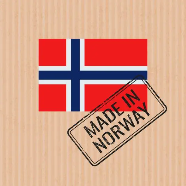 Vector illustration of Made in Norway badge vector. Sticker with Norwegian national flag. Ink stamp isolated on paper background.