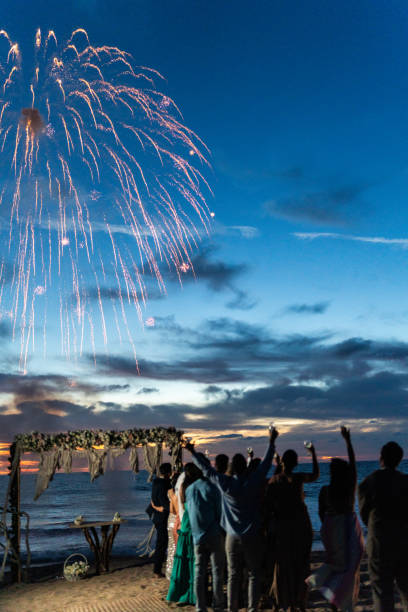istock Bride and groom watching fireworks with wedding guests on the beach 1933377841