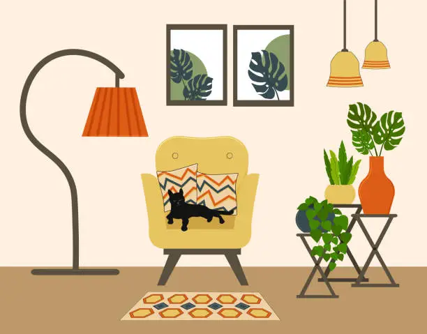 Vector illustration of Interior of a room, living room. An armchair with pillows and a cat, a rug, stands with flowers in pots, paintings and a floor lamp. Furniture items.