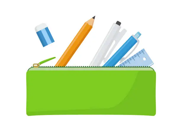 Vector illustration of Vector illustration of pencil case and writing utensils