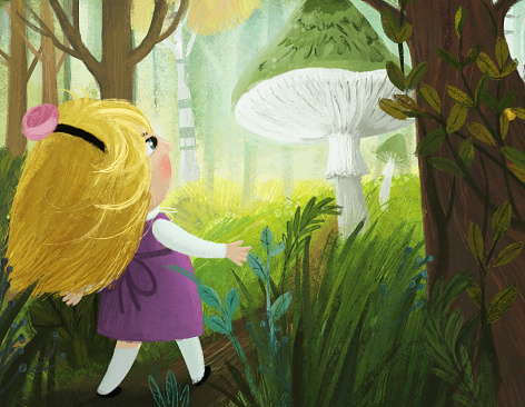 cartoon scene with little girl seeing giant mushroom in some magical forest illustration for kids