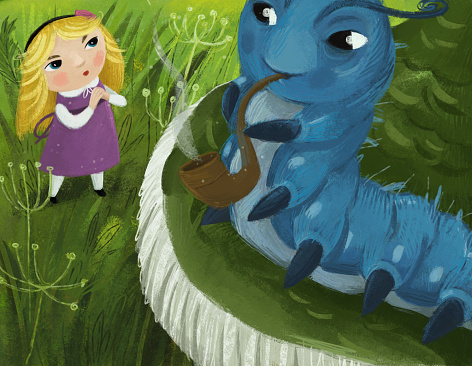 cartoon scene with little girl talking to magical worm catterpillar animal that is smoking pipe in the forest illustration for kids