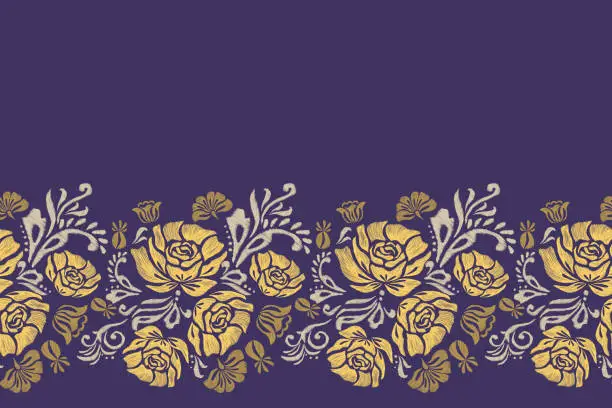 Vector illustration of Ikat Floral seamless pattern embroidery on dark indigo background. Rose flower motif ethnic traditional. Baroque style vector illustration