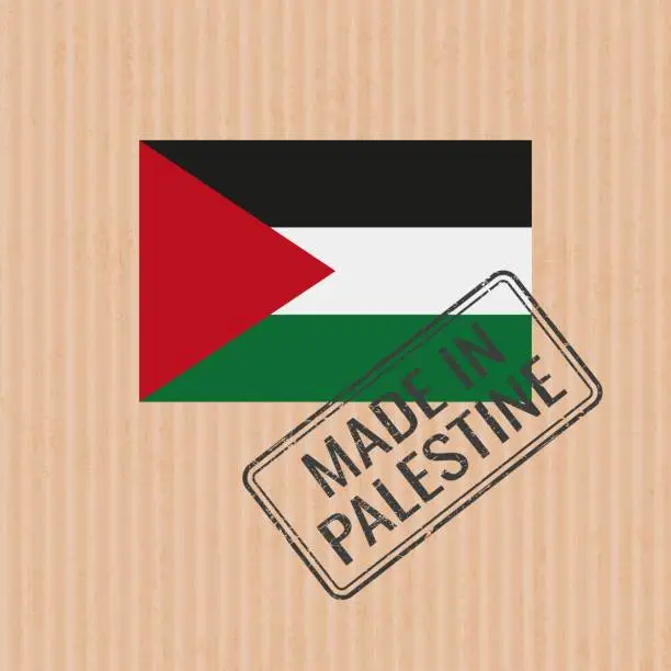 Vector illustration of Made in Palestine badge vector. Sticker with Palestinian national flag. Ink stamp isolated on paper background.