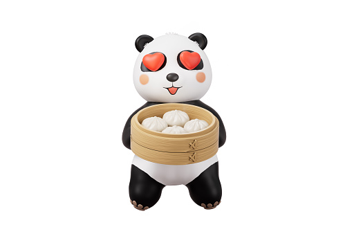 Cartoon panda and Chinese food baozi, 3d rendering. 3D illustration.