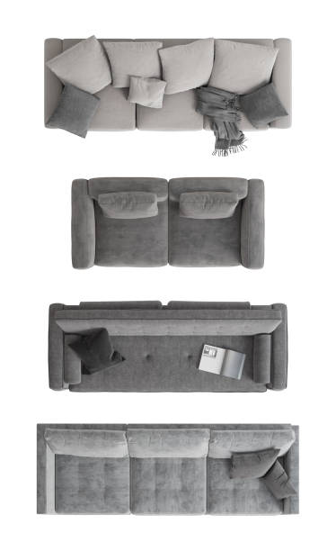 istock Set of four different gray sofas. Top view. Three-seater sofa with dark gray plaid, cozy couch with rollers and journal, modern sofa with round cushion, gray couch with dark gray pillows. 1933537000