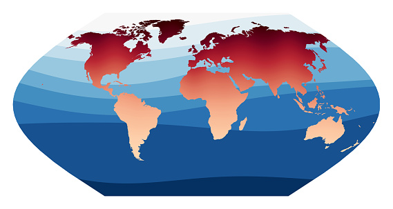 World Map Vector. Eckert V projection. World in red orange gradient on deep blue ocean waves. Attractive vector illustration.