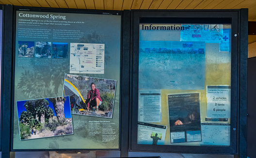 CALIFORNIA, USA - NOVEMBER 26, 2019: informational posters Cottonwood Spring in the visitor center, Arizona