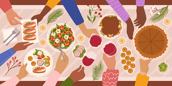 Lavish Feast Sprawls Across The Table, Top View. Vibrant Tapestry Of Exquisite Dishes Harmonize, Inviting A Sensory Symphony That Promises A Delightful Culinary Journey. Cartoon Vector Illustration