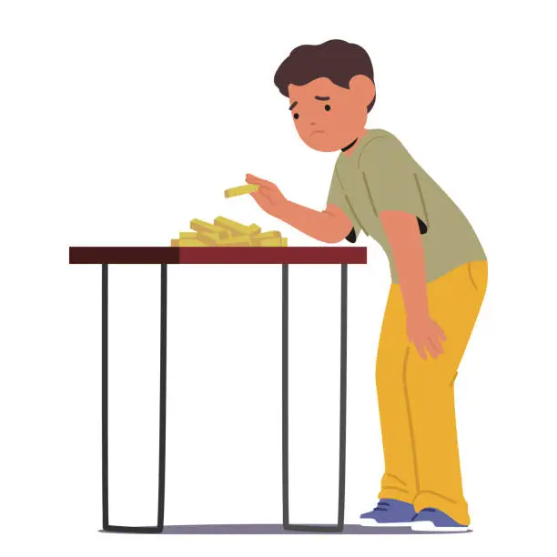 Vector illustration of Despondent Boy Character Attempts To Construct A Tower Of Wooden Blocks, Hope Fading With Each Collapse