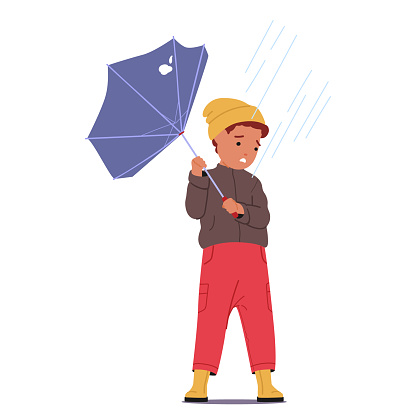 Hapless Boy Character Battles The Storm and Wind, His Fractured Umbrella A Feeble Shield. A Poignant Portrait Of Youthful Resilience Against Nature Relentless Whims. Cartoon People Vector Illustration
