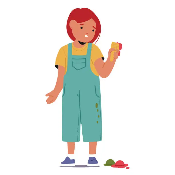 Vector illustration of Melancholy Unfolds As A Girl Drops Her Ice Cream, Fleeting Moment Of Joy Slips Away. Kid Fail Vector Illustration