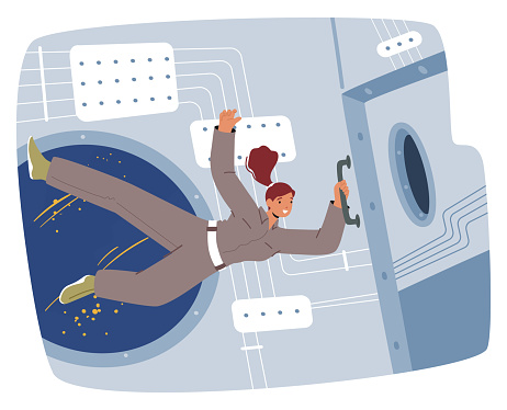 Female Astronaut Experience Weightlessness or Zero Gravity Inside Spaceship. Woman Floats Freely In The Microgravity Environment Of Outer Space, Defying Earth Gravitational Pull. Vector Illustration