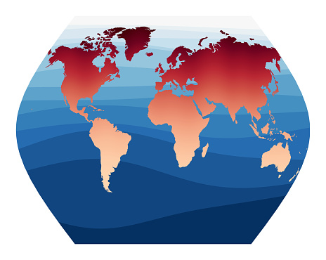 World Map Vector. Ginzburg VIII projection. World in red orange gradient on deep blue ocean waves. Powerful vector illustration.