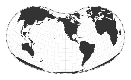 Vector world map. Hill eucyclic projection. Plain world geographical map with latitude and longitude lines. Centered to 120deg E longitude. Vector illustration.