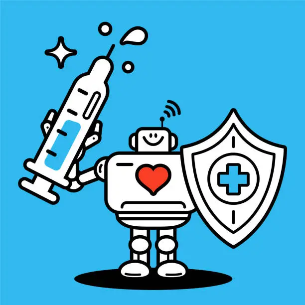 Vector illustration of Futuristic Guardian of Health, an Artificial Intelligence Robot Doctor holds a Syringe and a Shield