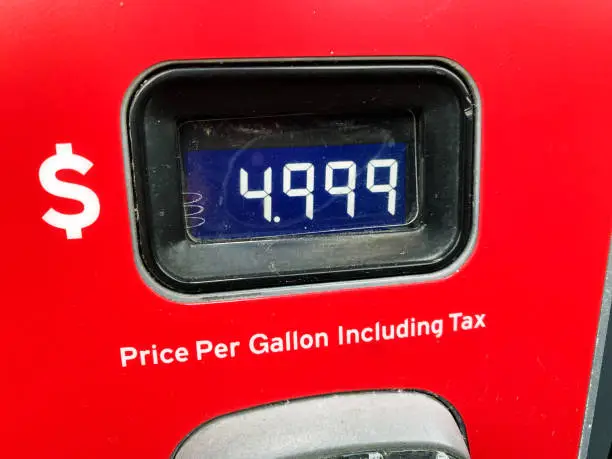 Price per gallon including tax at an American gas pump. Expensive gasoline, cost of living, and inflation at the gas station.