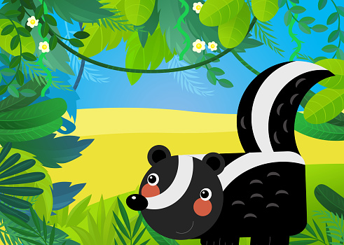 cartoon scene with forest and anima skunk illustration for kids