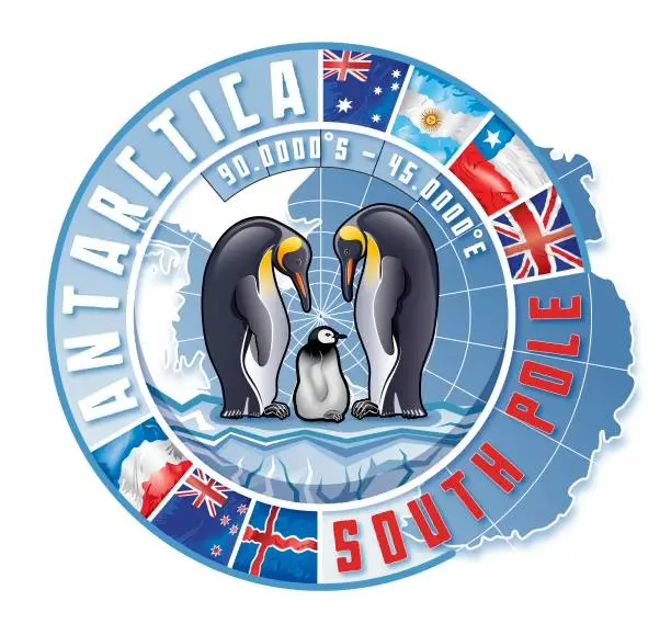 Vector illustration of Badge Logo with couple of Antarctica King penguin with chick or fledgling standing on Iceberg illustration