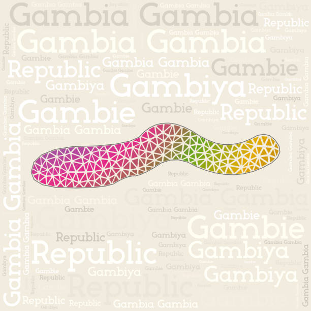 GAMBIA map design. Country names in different languages and map shape with geometric low poly triangles. Authentic vector illustration of Gambia. GAMBIA map design. Country names in different languages and map shape with geometric low poly triangles. Authentic vector illustration of Gambia. global populism stock illustrations