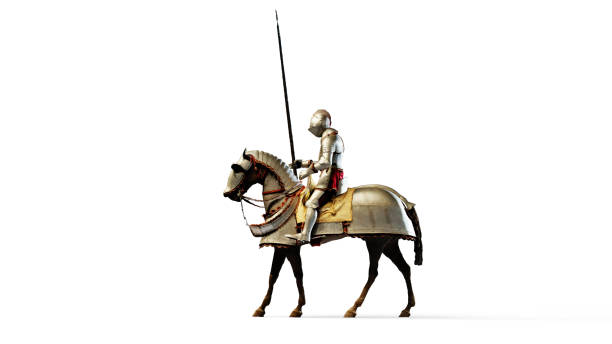 um cavaleiro medieval de armadura, montado em um cavalo e usando uma lança. renderização 3d. isolado no fundo branco - feudalism - fotografias e filmes do acervo