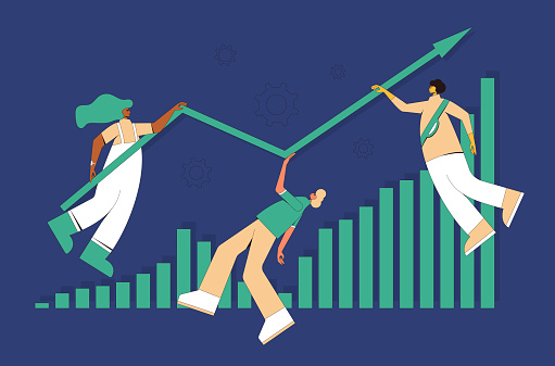 Investment concept. Business success. Financial growth. Stock market  boom. Lucky retail investor. Shares rally. Minor shareholders getting money. Vector flat color illustration.