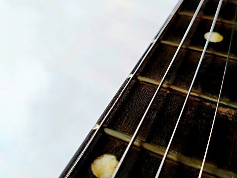 Fingerboard and strings on a guitar neck against a white background