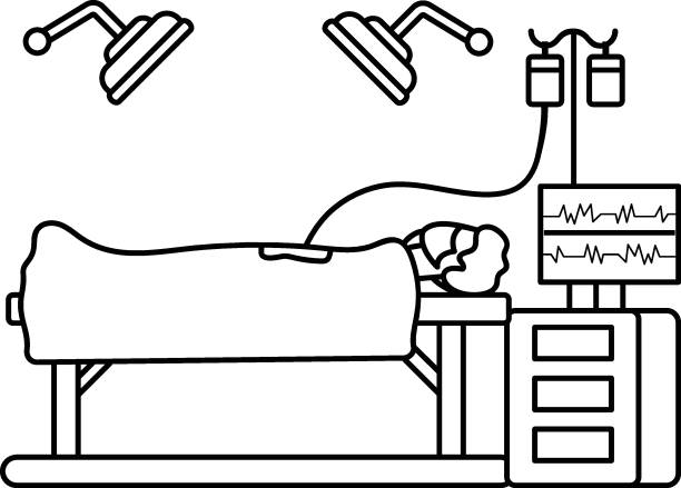 illustrazioni stock, clip art, cartoni animati e icone di tendenza di due chirurghi che eseguono l'operazione nella sala operatoria dell'ospedale concetto contorno vettoriale design, simbolo di scena medica e sanitaria, segno di diagnostica della malattia, personaggi medico e paziente - illustrazioni stock - surgeon isolated paramedic operating room