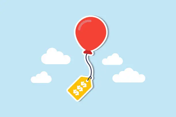 Vector illustration of Inflation causing price rising up, overvalued stock or funds, consumer purchasing power reducing concept, air balloon tied with product price tag flying high rising up in the sky.