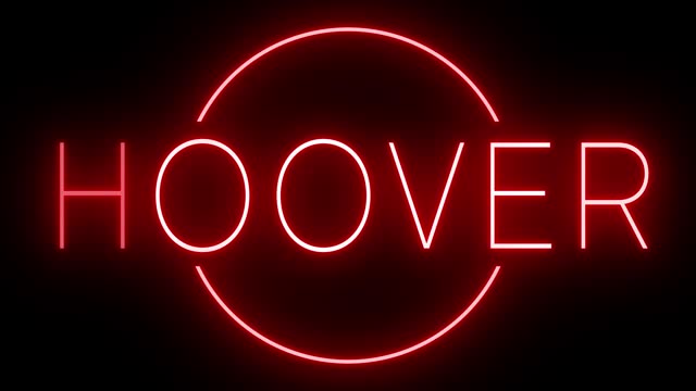 Glowing and blinking red retro neon sign for HOOVER
