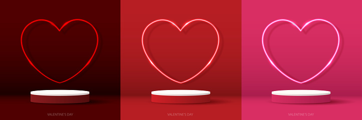 Set happy valentines day and stage podium decorated with heart shape lighting. pedestal scene with for product, cosmetic, advertising, show, award ceremony, on pink background. vector design.