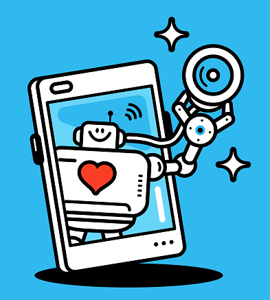 Cute AI characters vector art illustration.
Futuristic Healthcare Companion, an Artificial Intelligence Robot Doctor holds a Stethoscope on a smartphone screen.