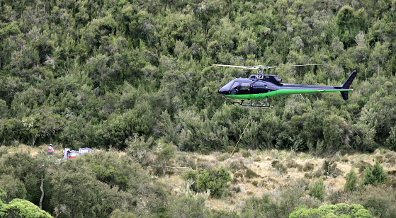 Kaimanawa Ranges, New Zealand, January 10, 2024: Eurocopter AS350 SD2 Squirrel Helicopter, owned by Helisika, preparing to lift Manuka honey beehives at the end of the flowering season.