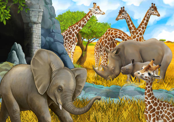 istock cartoon safari scene with elephant and giraffes on the meadow beautiful illustration for children 1933732110
