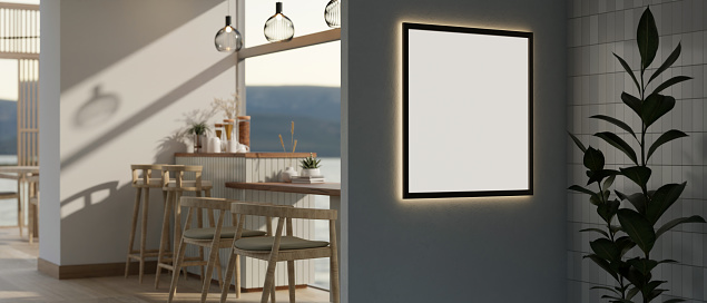 A frame mockup with a neon light attached to the wall in a modern, minimal cafe or restaurant. 3d render, 3d illustration