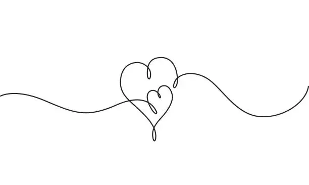 Vector illustration of Flourish with set of Hearts. Continuous Single Line Drawing