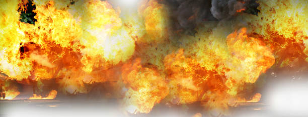 istock Firefighter Rescue training in fire fighting extinguisher. Firefighter fighting with flame using fire hose chemical water foam spray engine. Fireman wear hard hat, safety suit uniform for protection 1933791089