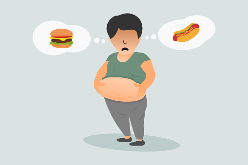 A fat pot-bellied man. An overweight man holding his stomach. Vector illustration.