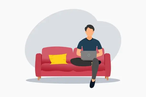 Vector illustration of A young man sitting on the red sofa and working on a laptop. Vector illustration.