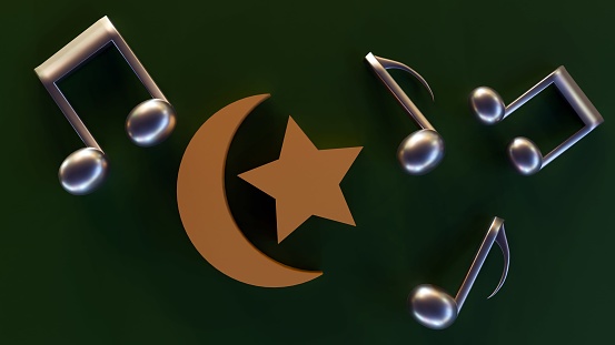 3d rendering of a crescent moon and a star, surrounded by musical notes