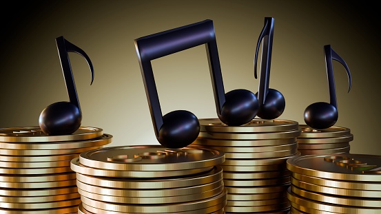 3d rendering of musical notes on top of pile of coins as a symbol of abundance or wealth