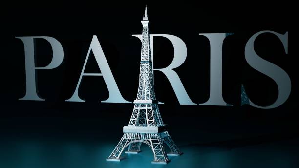 3D rendering of the Eiffel Tower stands tall with word Paris against a black background
