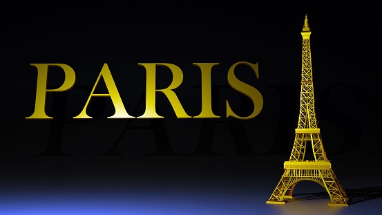 3D rendering of the Eiffel Tower stands tall with word Paris against a black background
