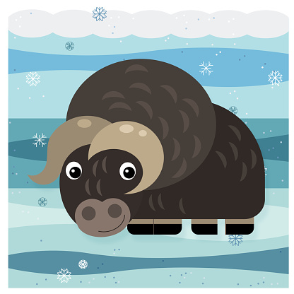 cartoon scene with arctic animal ox on snow - illustration for children